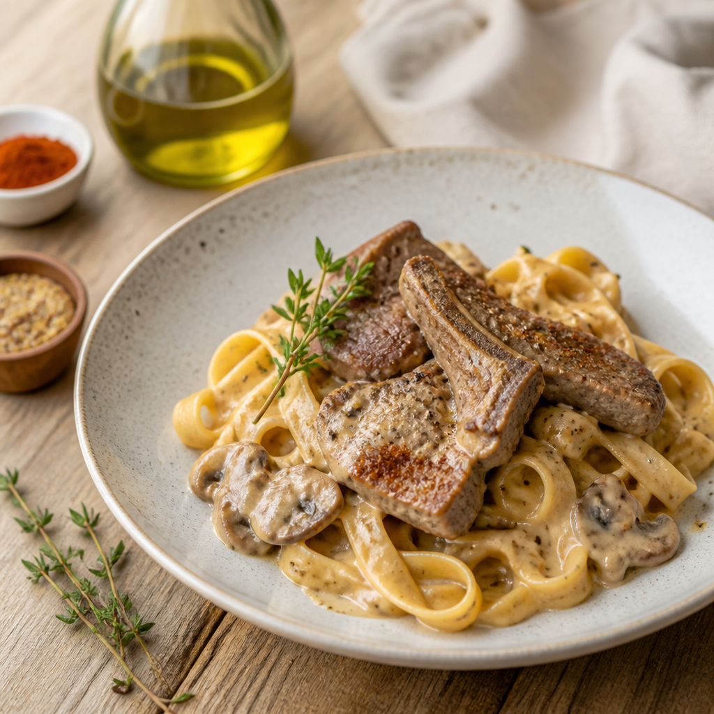 Pâtes crémeuses aux champignons & veau